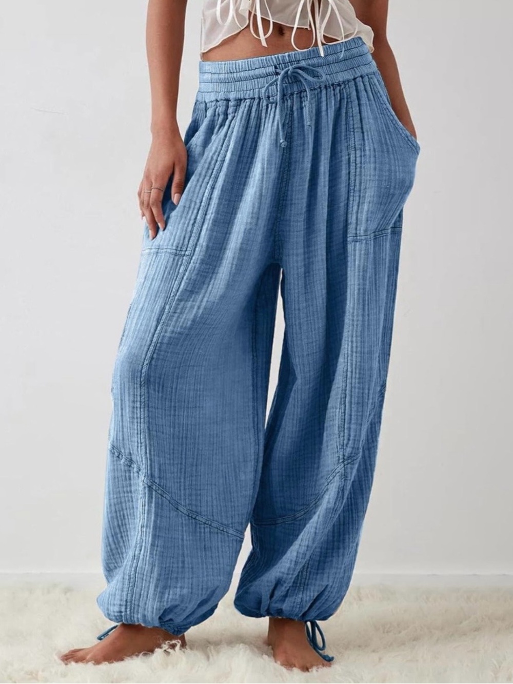 Amazing Relaxed Blue Gauze Drawstring lounge Pants